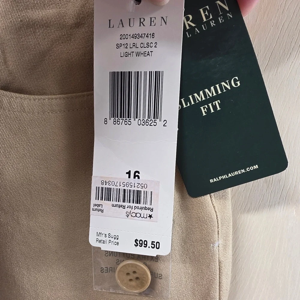 Lauren Ralph Lauren Slimming Fit Pants 16 Light Wheat Tan Straight Leg NWT